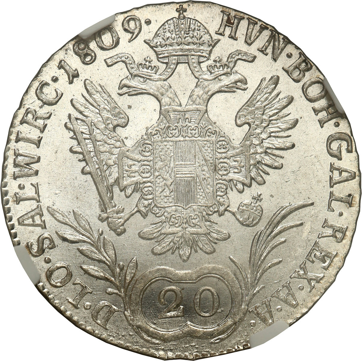 Austria, Franciszek II (1792-1835). 20 krajcarów 1809 B, Kremnica NGC MS64 (MAX) - WYŚMIENITE